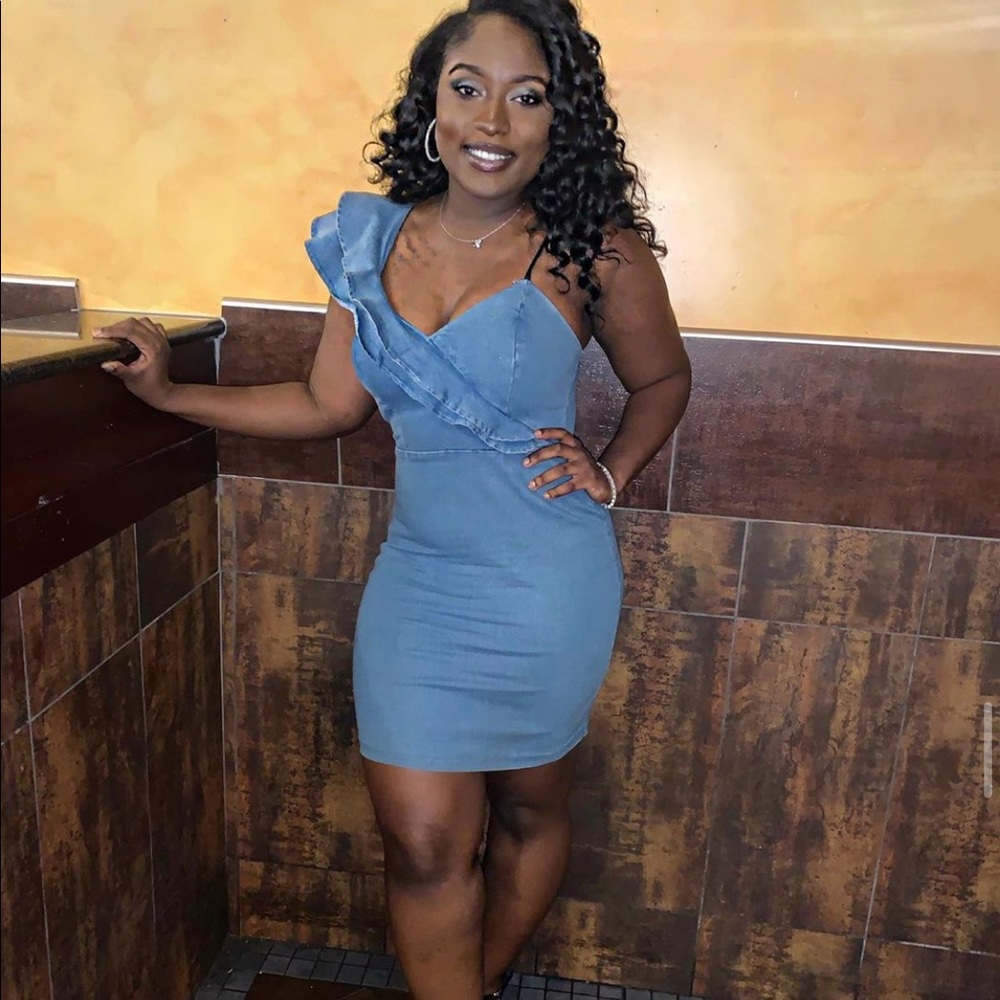 Asymmetrical denim dress with strap detail